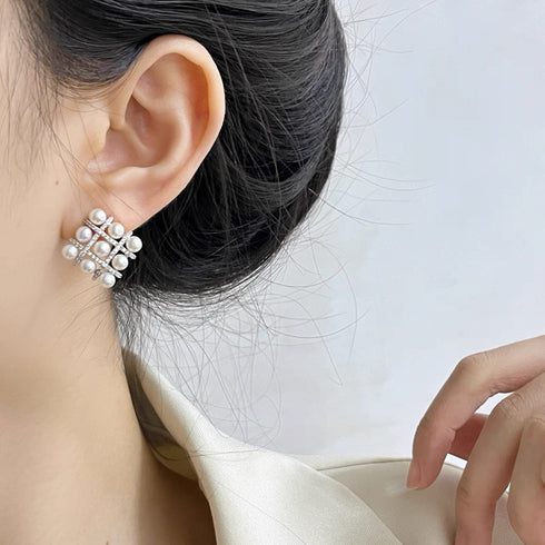 Radiant Grid Pearl Stud Earrings - Sterling Silver